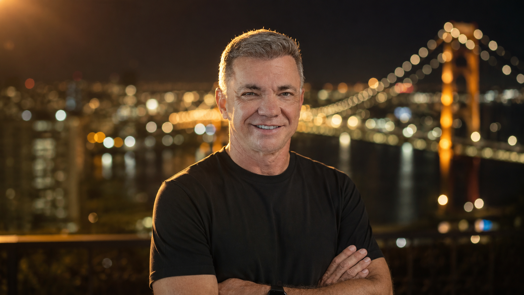 Gean Loureiro com a ponte Hercílio Luz iluminada ao fundo Santa Catarina Merece Mais